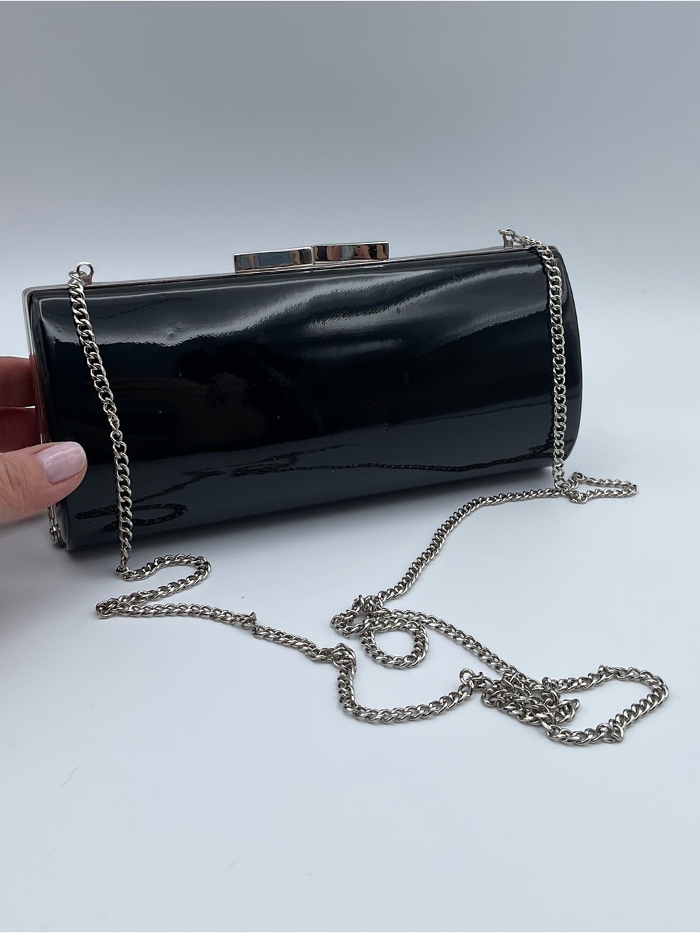Nine West Black Patent Clutch Purse Silver Chain Strap Evening Bag